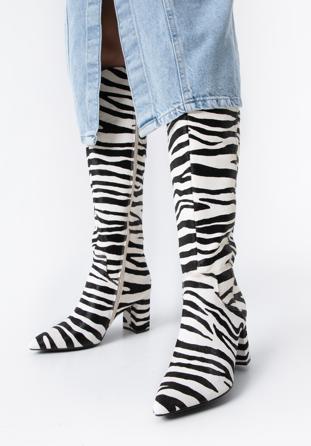 Textured leather knee high boots, white-black, 97-D-511-10-40, Photo 1