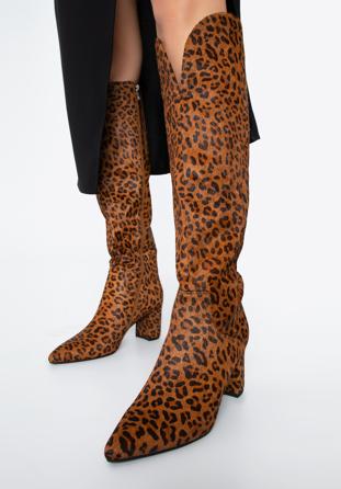 Textured leather knee high boots, dark brown - light brown, 97-D-511-41-41, Photo 1