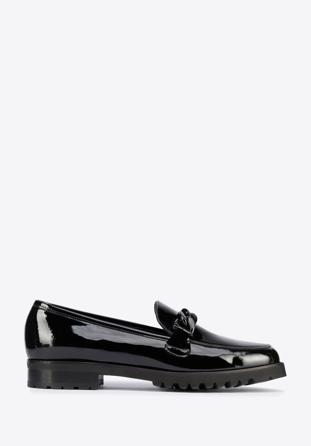 Patent leather moccasins with chain strap, black, 95-D-102-1-40, Photo 1