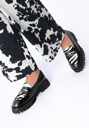 Women's animal print leather moccasins, black-white, 97-D-512-10-39, Photo 1