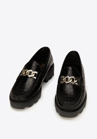 Women's leather moccasins with chain strap, black-gold, 93-D-531-1-36, Photo 1