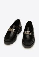 Women's leather moccasins with chain strap, black-gold, 93-D-531-1G-35, Photo 2