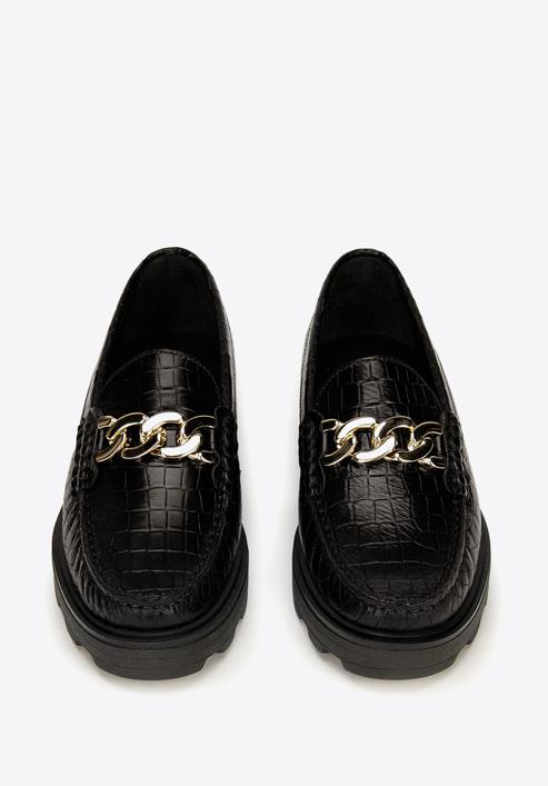 Women's leather moccasins with chain strap, black-gold, 93-D-531-1G-40, Photo 3