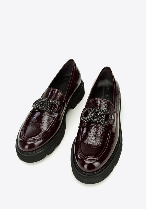 Women's leather moccasins with a crystal chain, burgundy, 97-D-106-1-39_5, Photo 2