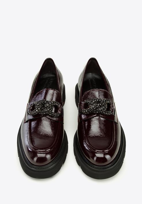 Women's leather moccasins with a crystal chain, burgundy, 97-D-106-1-35, Photo 3