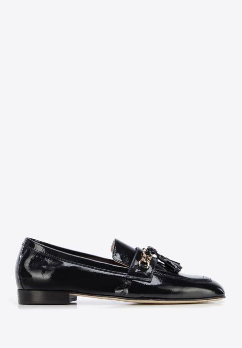 Patent leather moccasins with chain strap with tassel detail, dark navy blue, 96-D-106-N-35, Photo 1