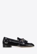 Patent leather moccasins with chain strap with tassel detail, dark navy blue, 96-D-106-1-36, Photo 1