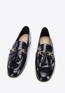 Patent leather moccasins with chain strap with tassel detail, dark navy blue, 96-D-106-N-41, Photo 2