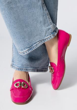 Women's patent leather moccasins with decorative buckle, pink, 98-D-106-9-36, Photo 1