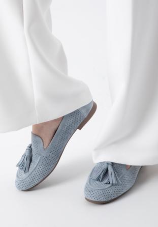 Women's sky blue suede tassel moccasins