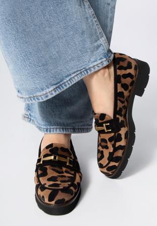 Women's leopard-print suede loafers with a gleaming buckle, brown-black, 98-D-100-1-37, Photo 1