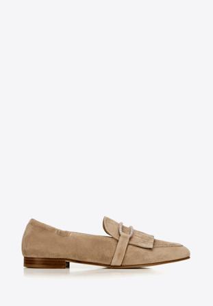 Women's suede loafers with fringe detailing, beige, 92-D-115-9-41, Photo 1