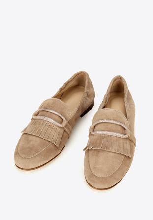 Women's suede loafers with fringe detailing, beige, 92-D-115-9-35, Photo 1