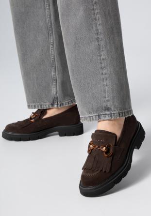 Women's suede moccasins with fringe and buckle detail, brown, 98-D-104-4-38, Photo 1
