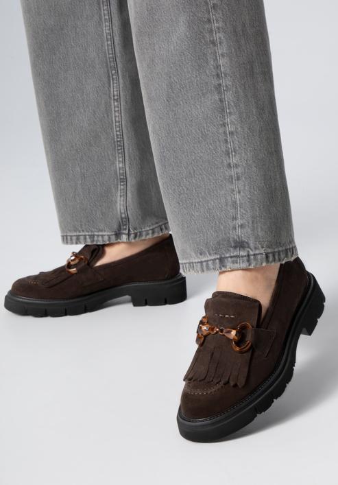 Women's suede moccasins with fringe and buckle detail, brown, 98-D-104-4-39_5, Photo 15