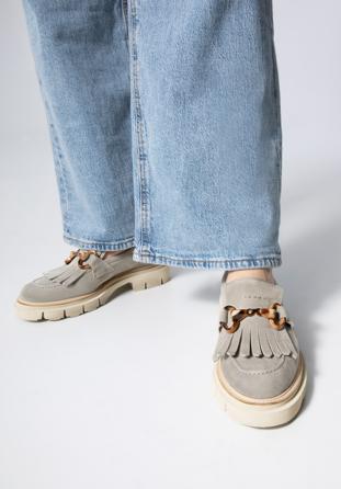 Women's suede moccasins with fringe and buckle detail, grey, 98-D-104-Z-41, Photo 1