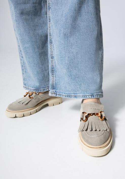 Women's suede moccasins with fringe and buckle detail, grey, 98-D-104-4-35, Photo 15