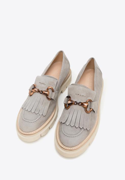 Women's suede moccasins with fringe and buckle detail, grey, 98-D-104-Z-39_5, Photo 2