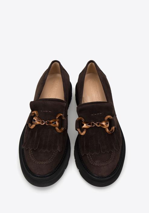 Women's suede moccasins with fringe and buckle detail, brown, 98-D-104-4-35, Photo 3