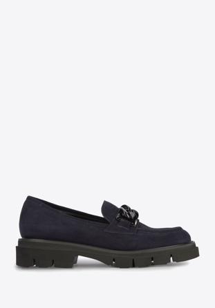 Suede moccasins with chain strap, navy blue, 95-D-105-N-37, Photo 1