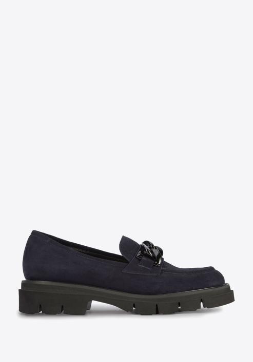 Suede moccasins with chain strap, navy blue, 95-D-105-Z-35, Photo 1