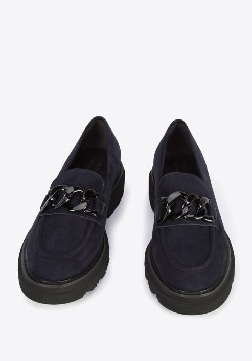 Suede moccasins with chain strap, navy blue, 95-D-105-Z-37, Photo 2