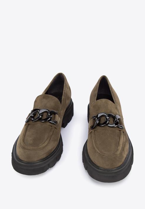 Suede moccasins with chain strap, green, 95-D-105-Z-38_5, Photo 2