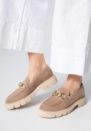Women's suede platform chain strap loafers, beige, 98-D-102-9-41, Photo 1