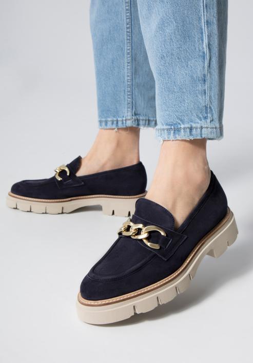 Women's suede platform chain strap loafers, navy blue, 98-D-102-6-40, Photo 15