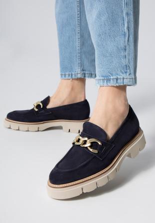 Women's suede platform chain strap loafers, navy blue, 98-D-102-N-36, Photo 1