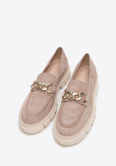 Women's suede platform chain strap loafers, beige, 98-D-102-6-36, Photo 2