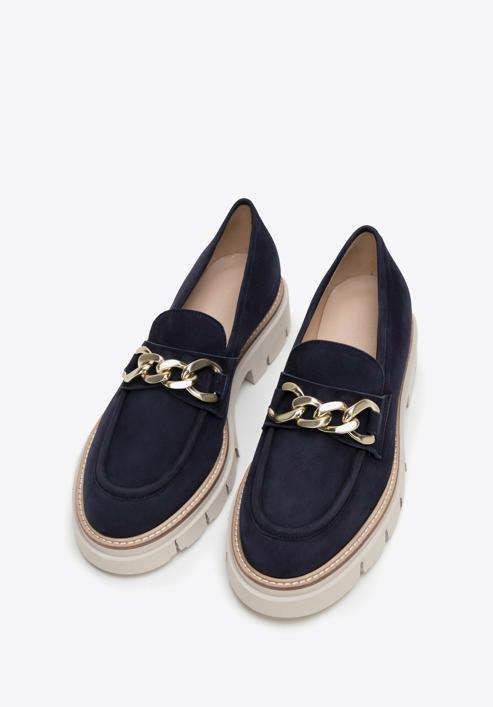 Women's suede platform chain strap loafers, navy blue, 98-D-102-6-41, Photo 2