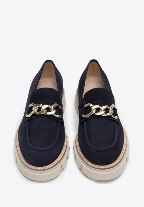 Women's suede platform chain strap loafers, navy blue, 98-D-102-6-41, Photo 3
