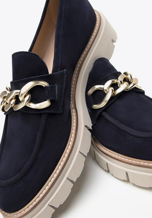 Women's suede platform chain strap loafers, navy blue, 98-D-102-6-37_5, Photo 8