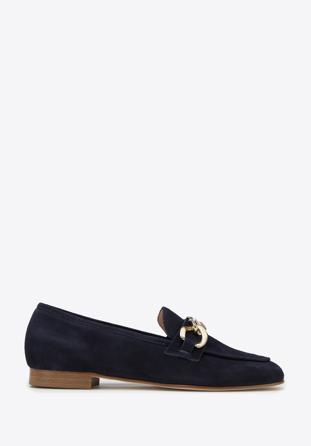 Suede moccasins with chain strap, navy blue, 98-D-101-N-39_5, Photo 1