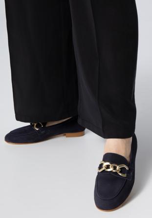 Suede moccasins with chain strap, navy blue, 98-D-101-N-39_5, Photo 1