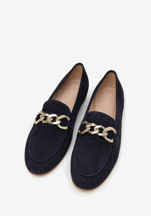 Suede moccasins with chain strap, navy blue, 98-D-101-6-38, Photo 2