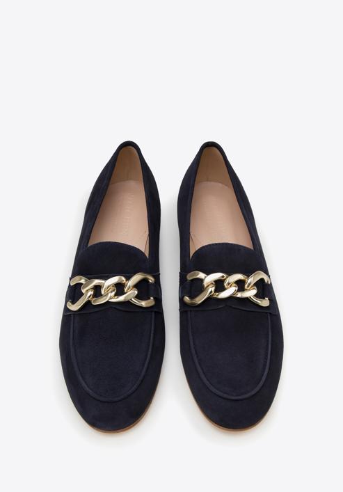 Suede moccasins with chain strap, navy blue, 98-D-101-6-41, Photo 3