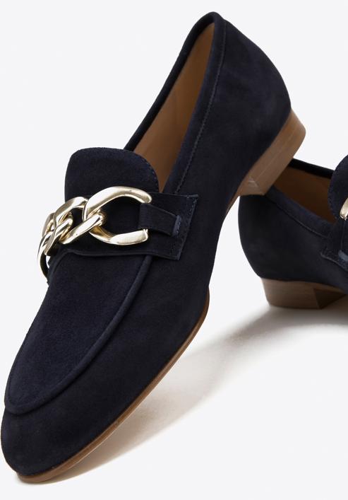 Suede moccasins with chain strap, navy blue, 98-D-101-N-37, Photo 7