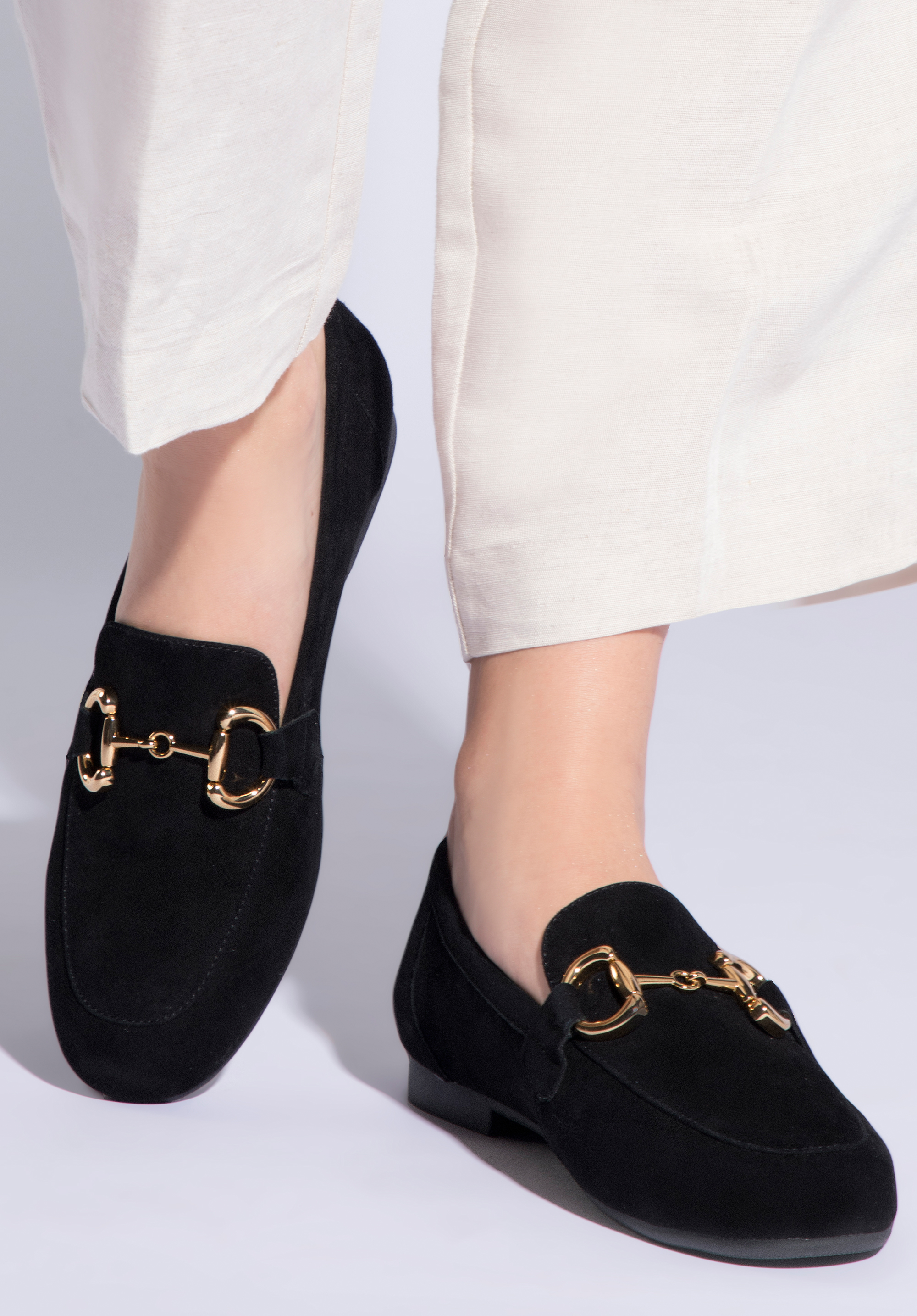 Womens black loafers sale with gold buckle