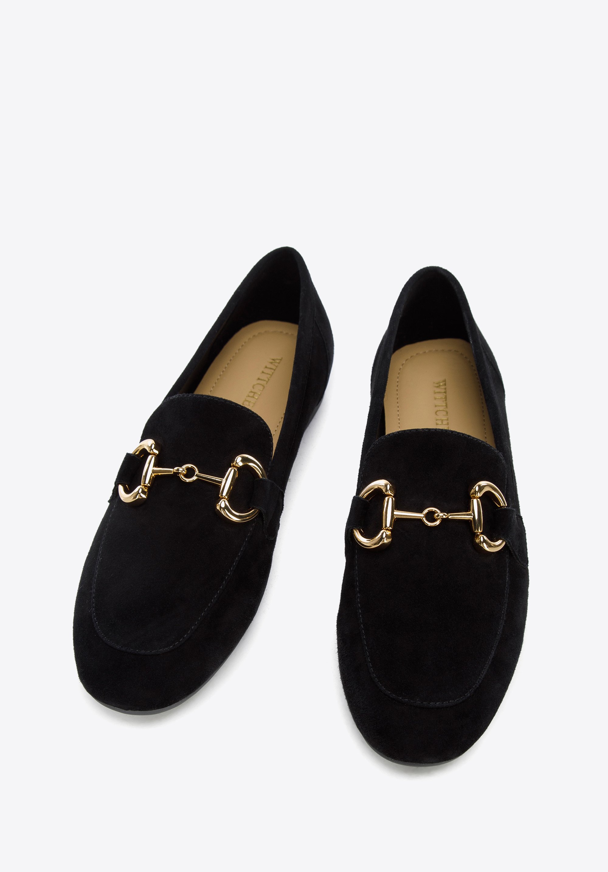 Black suede loafers with gold outlet buckle