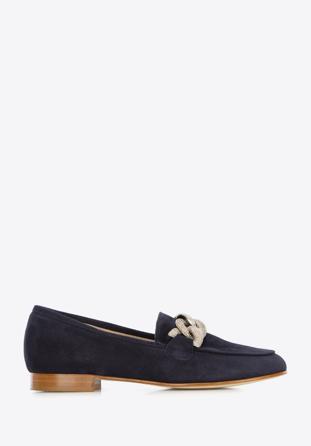 Women's suede loafers with a decorative chain, navy blue, 96-D-109-N-39, Photo 1