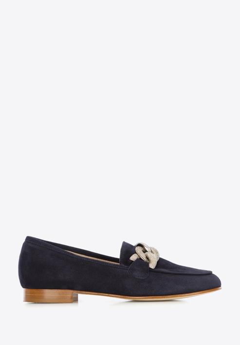 Women's suede loafers with a decorative chain, navy blue, 96-D-109-Z-38, Photo 1