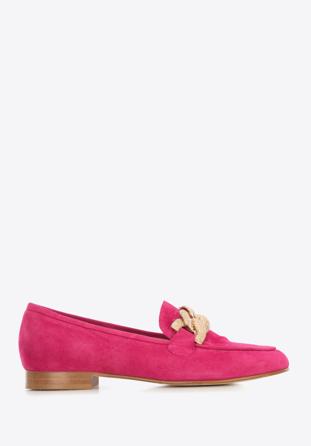 Women's suede loafers with a decorative chain