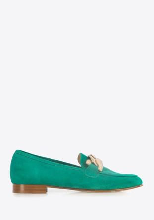 Women's suede loafers with a decorative chain, green, 96-D-109-Z-37_5, Photo 1