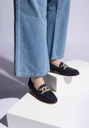 Women's suede loafers with a decorative chain