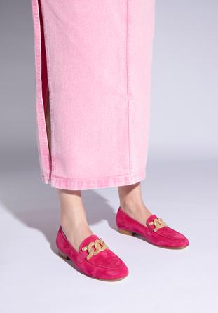 Women's suede loafers with a decorative chain, pink, 96-D-109-P-36, Photo 1