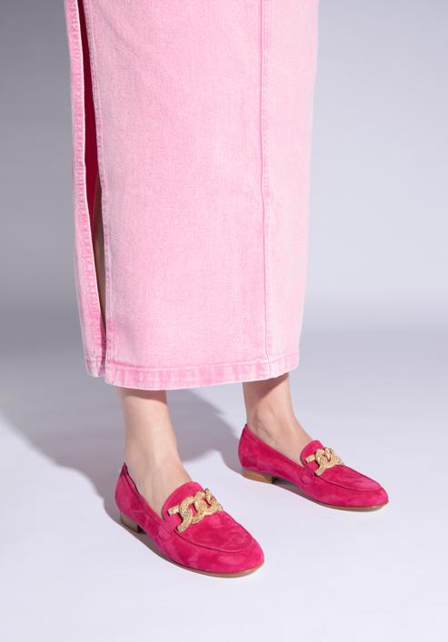 Women's suede loafers with a decorative chain, pink, 96-D-109-Z-36, Photo 15