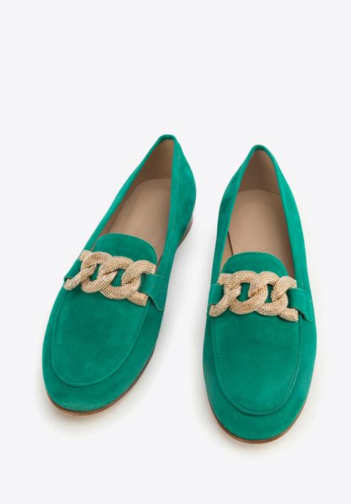 Women's suede loafers with a decorative chain, green, 96-D-109-P-37, Photo 2