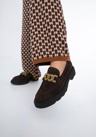 Women's suede moccasins with chain strap, dark brown, 97-D-104-4-39_5, Photo 1